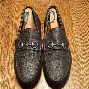 Gucci Dark Brown Leather Loafers with Silver Accents